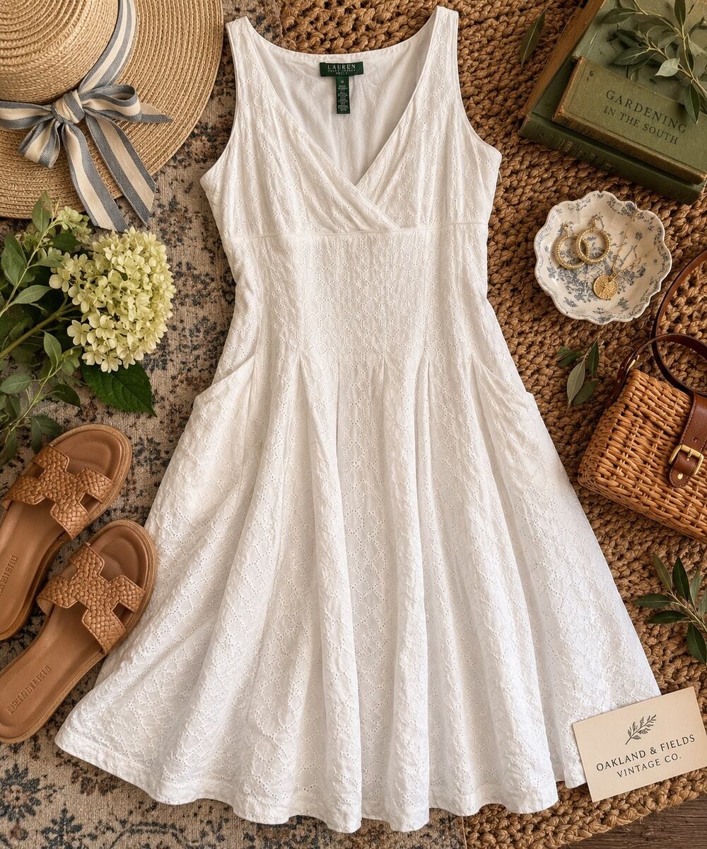Lauren Ralph Lauren White Eyelet Cotton Fit & Flare Dress Size 14